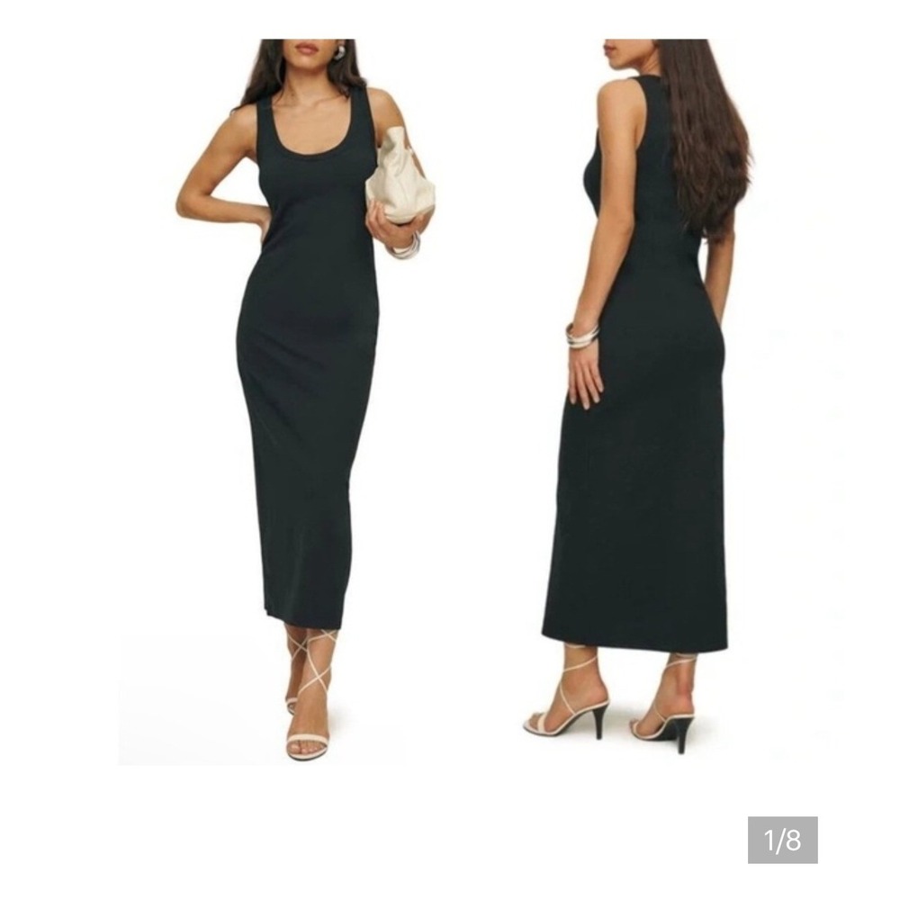 Reformation Bijuo Black Tencel Lyocell Sleeveless Boat Neck Midi Column Dress L